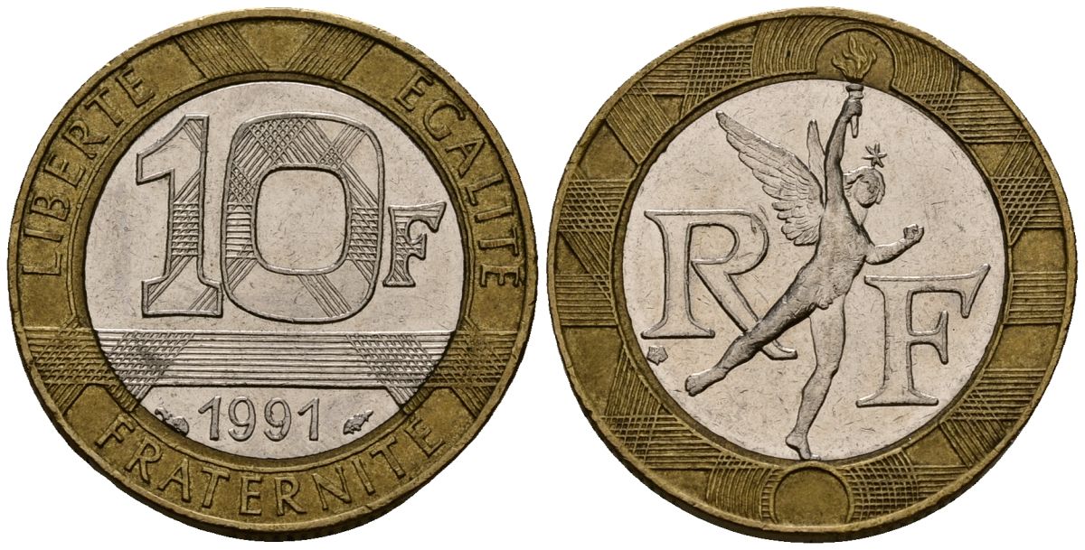 Франция 10 франков 1991 тип Гений Бастилии KM 964.1, Le Frank 375.6 биметалл 4138-332