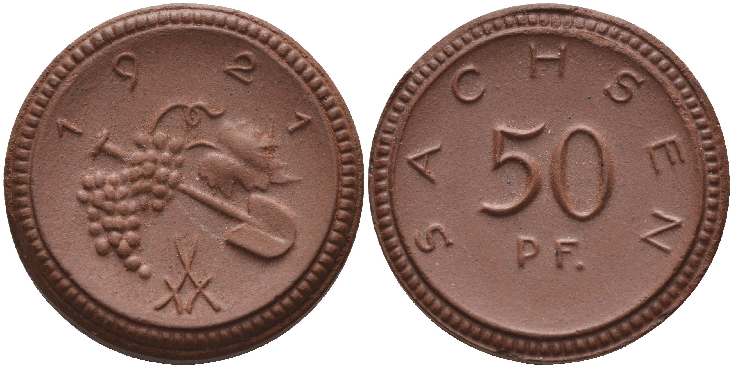 Саксония 50 пфеннигов 1921 виноград и лопата J. N 54 фарфор 1094-5-34