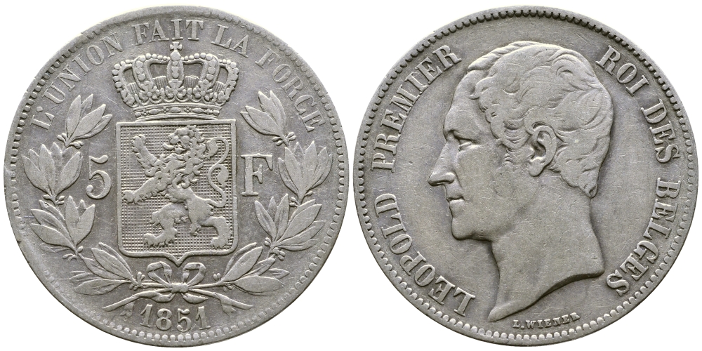 Бельгия 5 франков 1851 Леопольд I (1831-1865) KM 17 серебро 00-1067-4-13