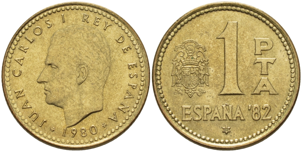 Испания 1 песета 1980 (81) чемпионат мира по футболу в Испании 1982 года, Хуан Карлос I (1975-) KM 816 алюминиевая бронза 67-757