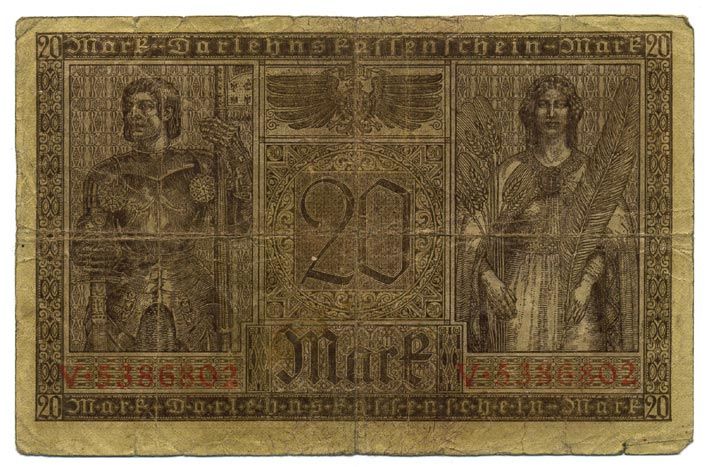 Германия 20 марок 1918 20 февраля 1918, серия V, красная, Минерва и Меркурий Pick 57, Rosenberg 55 бумага 7217-78-2-2