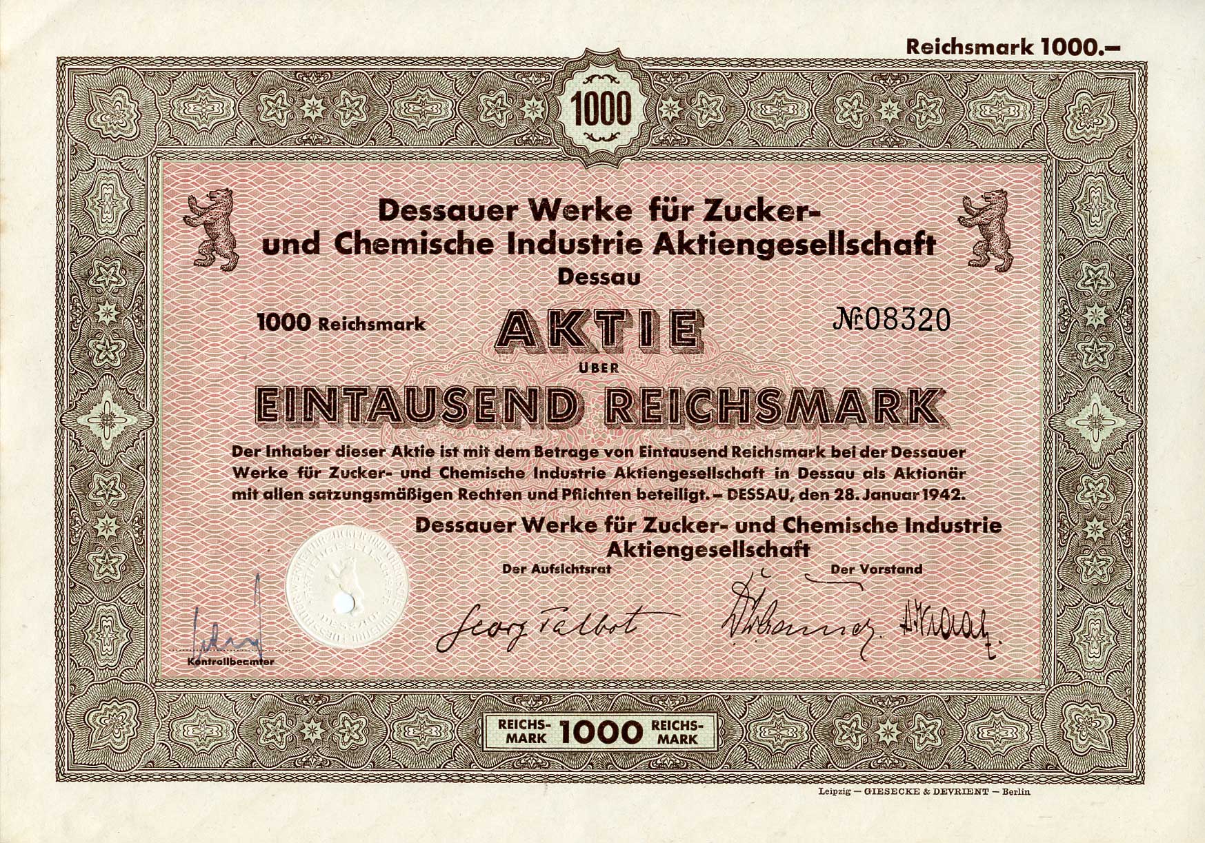 Германия 1000 рейхсмарок 1942 АО заводов Дессау для сахарной и химической промышленности, акция   бумага   8802-44-1