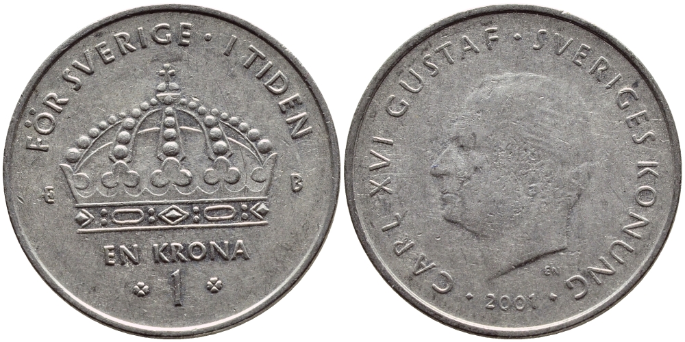 Швеция 1 крона 2001 Карл XVI Густав (1973- ) KM 894 медно-никель 4364-2652