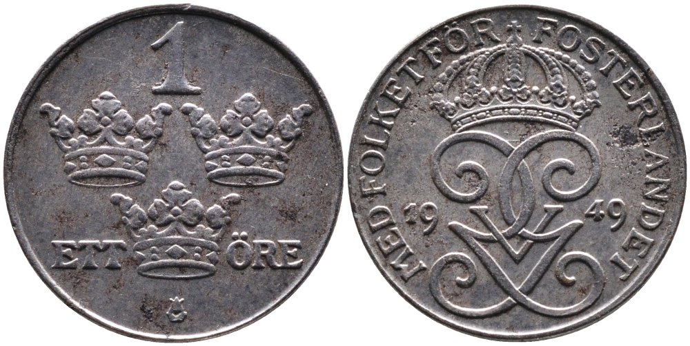 Швеция 1 эре 1949 Густав V (1907-1950) KM 810 железо 4387-546