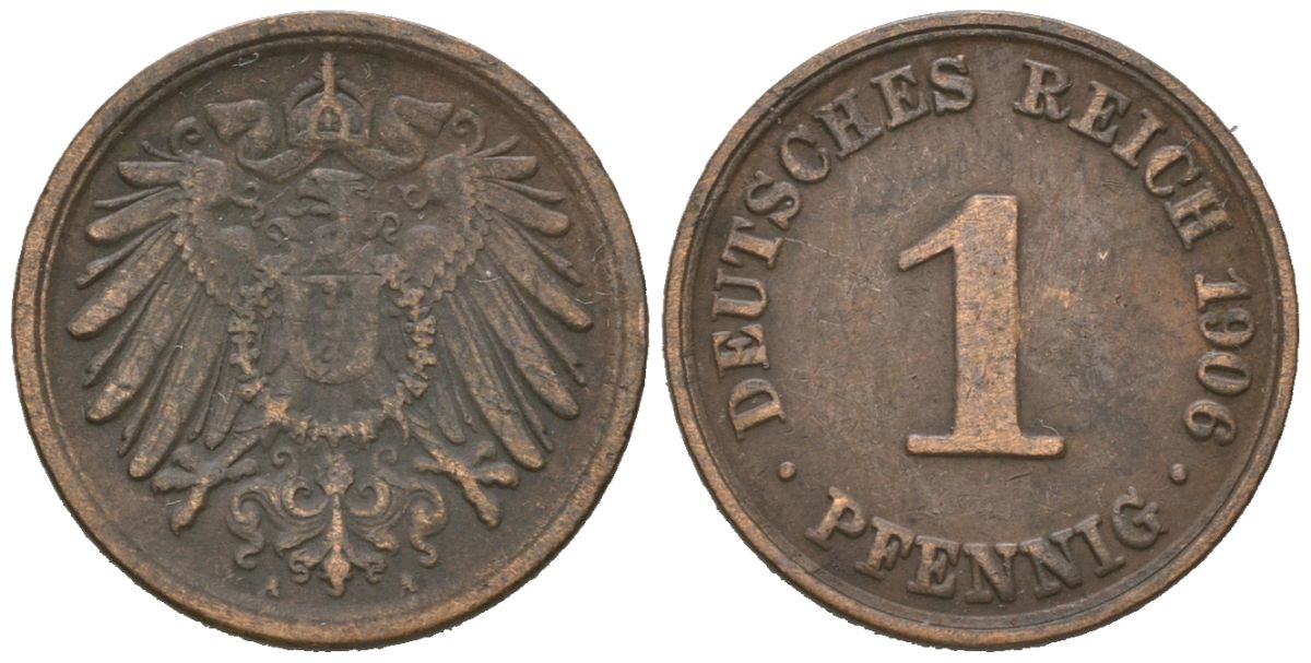 Германия 1 пфенниг 1906 A, Вильгельм II (1888-1918) KM 10, J. 10, Weege 2 медь 4615-221