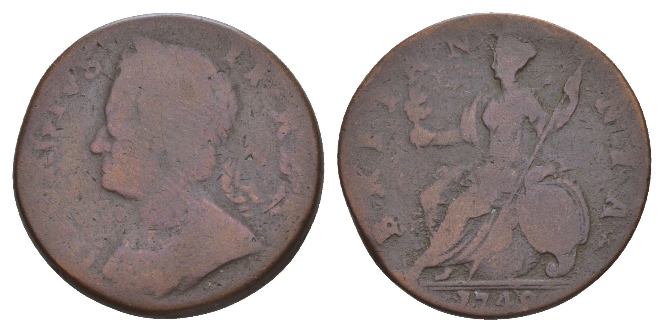 Великобритания 1/2 пенни 1740 Георг II (1727-1760) KM 579.2, Spink 3719 медь 4656-137