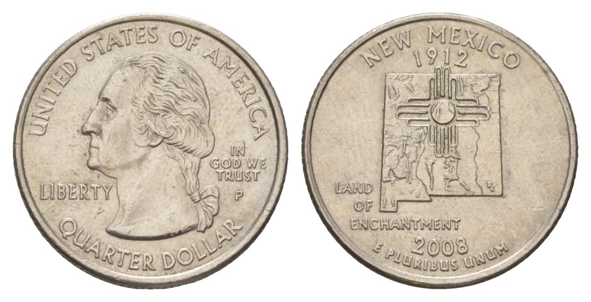 США 25 центов (квотер, 1/4 доллара) 2008 P, Квотер штата Нью-Мексико KM 422 медь плакированный медно-никелем UNC 4629-147
