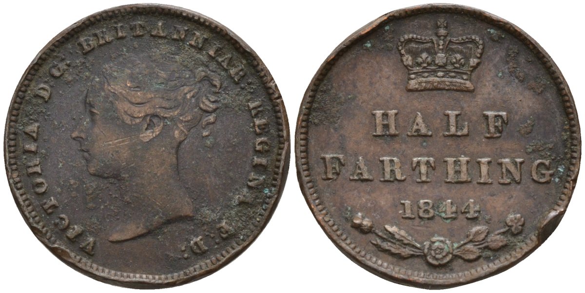 Великобритания 1/2 фартинга 1844 Виктория (1837-1901) KM 738, Spink 3951 медь 4596-1052