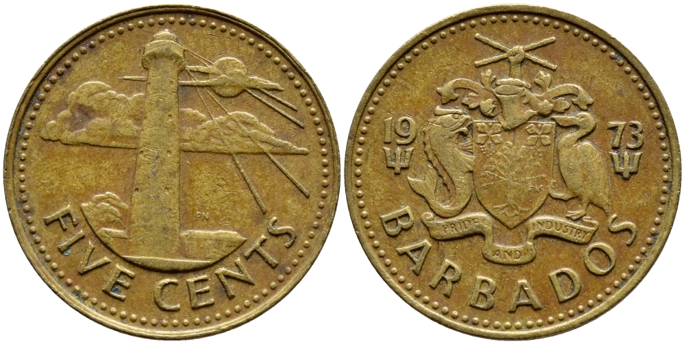 Барбадос 5 центов 1973 маяк Саут-Пойнт KM 11 латунь 4398-453