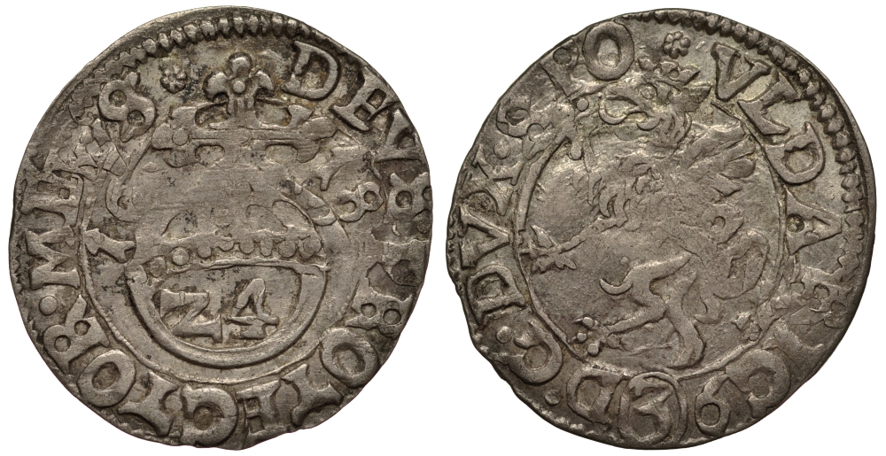 Померания, Кольберг, Камминское епископство 1/24 талера 1618 Ульрих (1618-1622), вес 1,51 гр. KM 64 серебро 1516-932