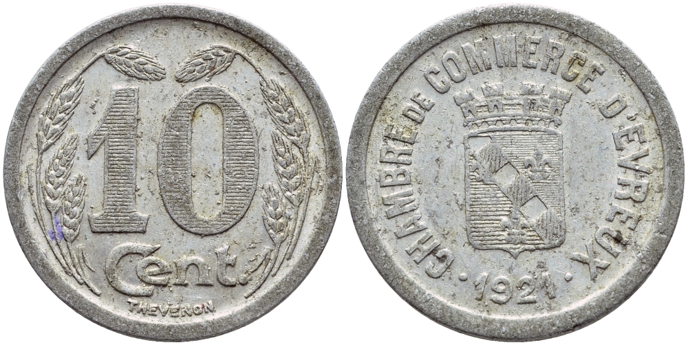 Франция 10 сантимов 1921 НОТГЕЛЬД, ГОРОД ЭВРЕ алюминий 4382-913