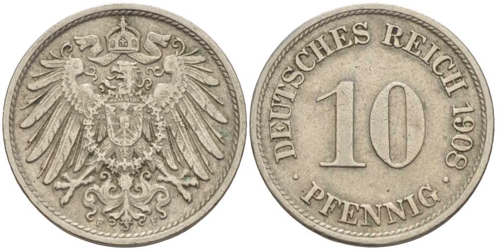 ГЕРМАНИЯ 10 ПФЕННИГОВ 1908 F KM 12, J. 13 медно-никель 31-322