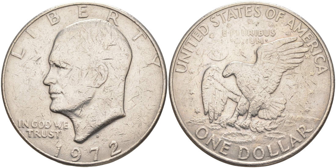 США 1 доллар 1972 D, Президент Эйзенхауэр, лунный орел KM 203 медь плакированная медно-никелем 4537-1125