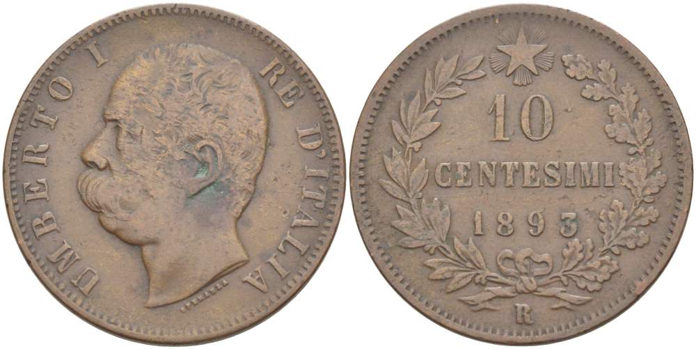 ИТАЛИЯ 10 ЧЕНТЕЗИМО 1893 R, МОНДВОР РИМ, УМБЕРТО I (1878-1900) KM 27.2 медь 4526-931