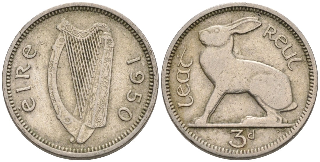 Ирландия 3 пенса 1950 заяц KM 12а медно-никель 92-226