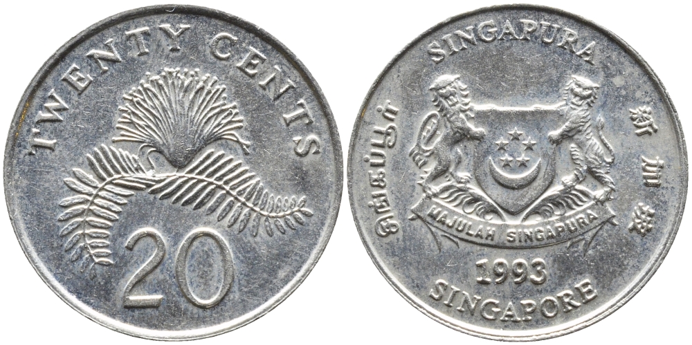 Сингапур 20 центов 1993 KM 101 медно-никель 4391-346