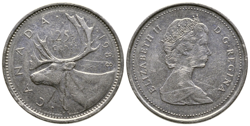 Канада 25 центов 1988 Елизавета II (1952-2022), олень KM 74 никель 4681-812