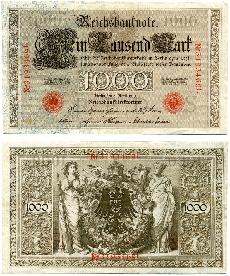 Германия 1000 марок 1910 21 апреля 1910, буква S, номер семизначный, серия L, выпуск (08.1922) Pick 44b, Розенберг 45с бумага 00-00