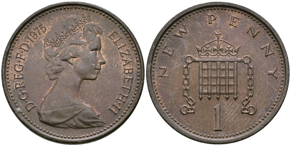 Великобритания 1 пенни 1975 Елизавета II (1952-2022) KM 915, Spink 4237 (B1) бронза 4396-1124
