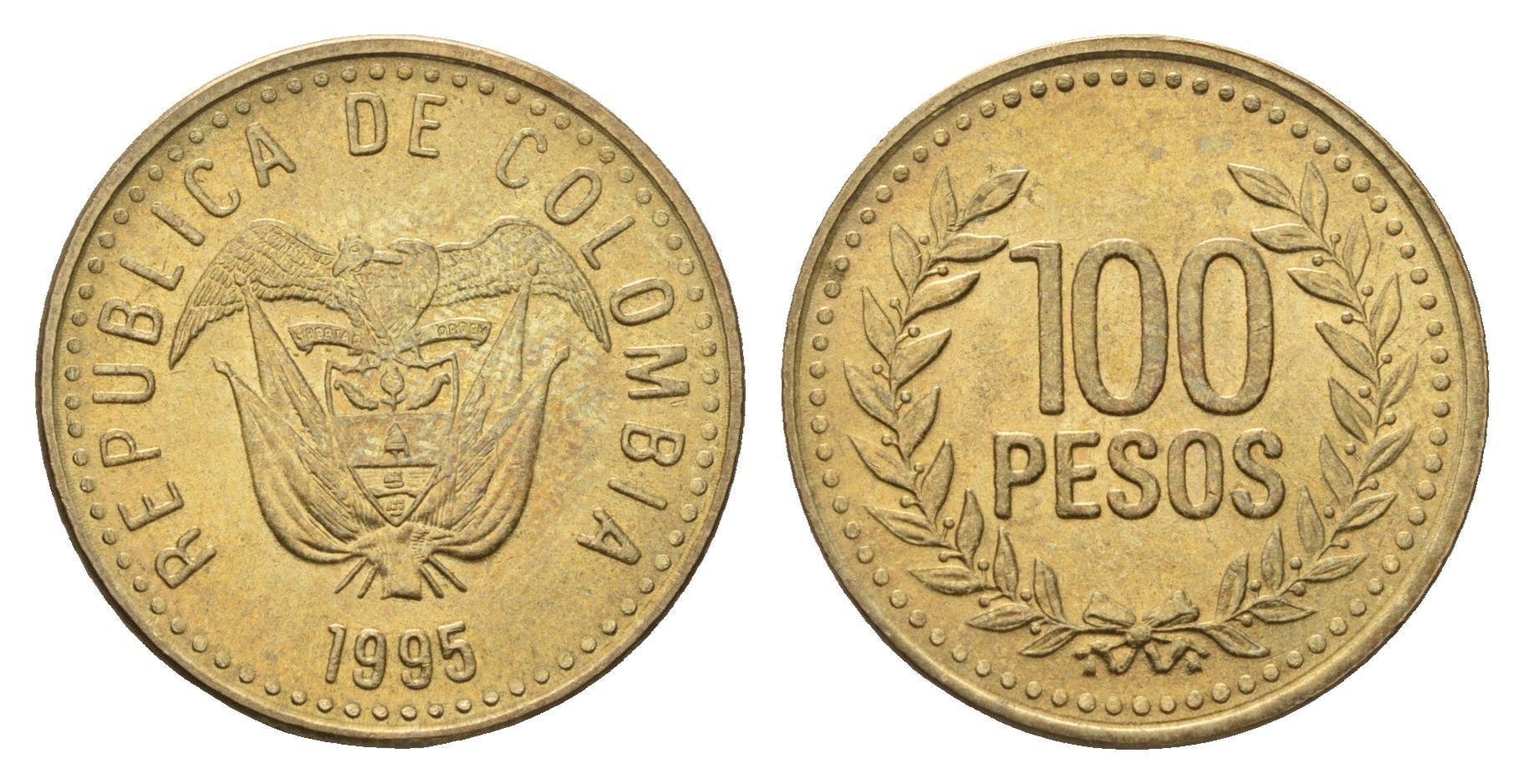 Колумбия 100 песо 1995 KM 285 латунь UNC 4698-221