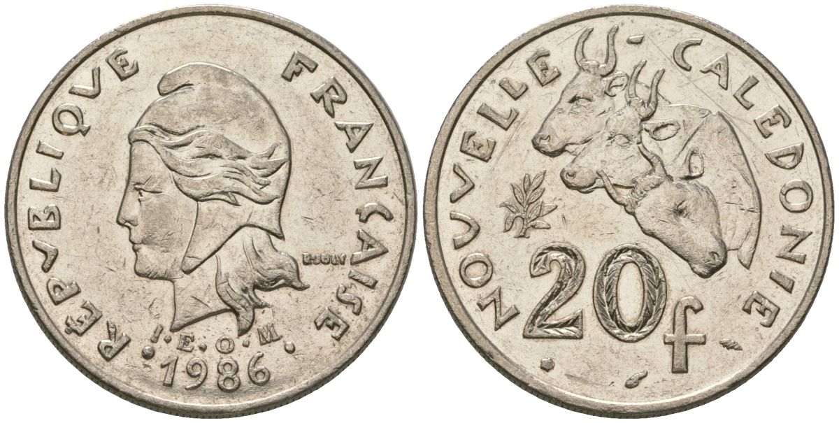 Французская Новая Каледония 20 франков 1986 три быка, (IEOM) KM 12, Schoen 14, Lec 112 никель 4123-224