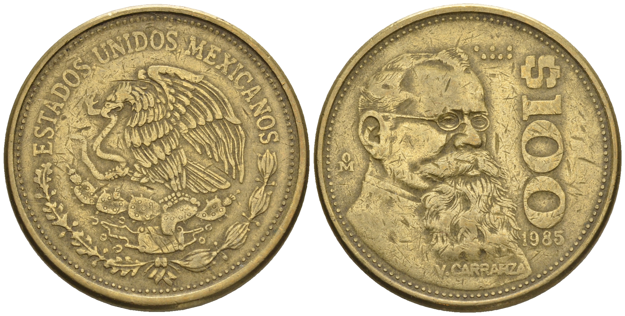 Мексика 100 песо 1987 Мо, Венустиано Карранса де ла Гарса KM 493 алюминиевая бронза 87-755