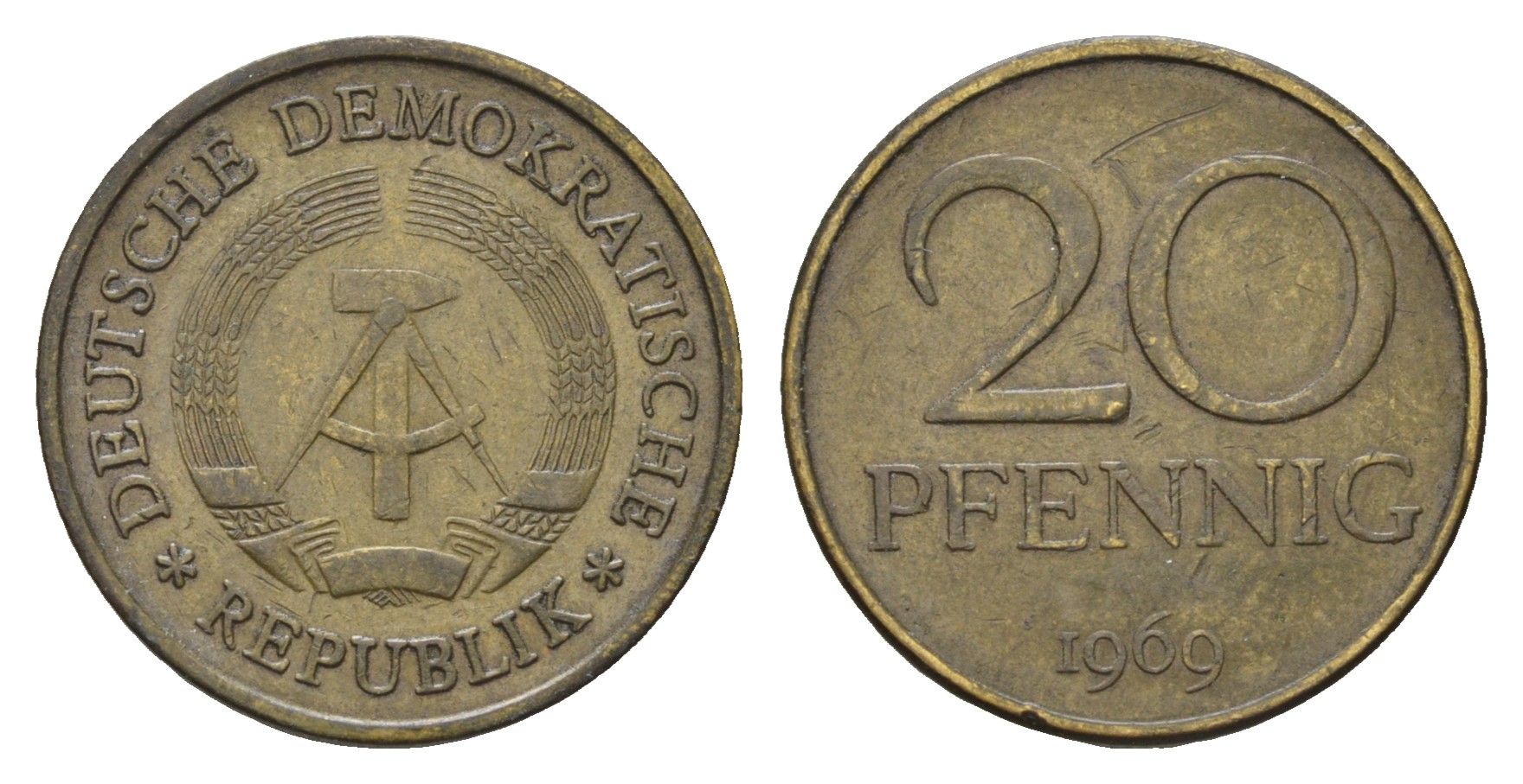 ГДР 20 пфеннигов 1969 A KM 11 латунь 4616-346