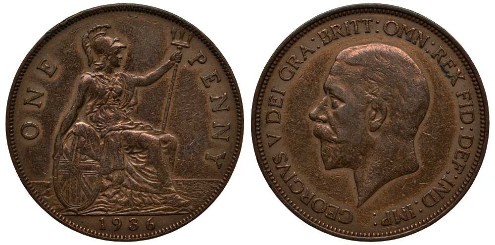 Великобритания 1 пенни 1936 Георг V (1910-1936) KM 838, Spink 4055 бронза 215-533