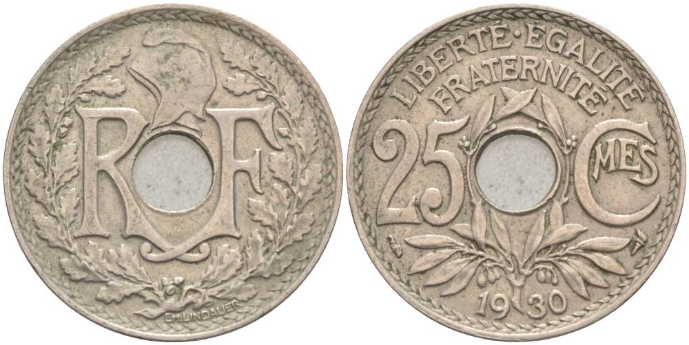 ФРАНЦИЯ 25 САНТИМОВ 1930 ТИП LINDAUER KM 867a, LE FRANC 171.14 медно-никель 55-153
