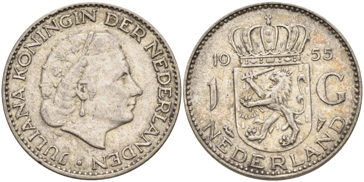 Нидерланды 1 гульден 1955 Юлиана (1948-1980) KM 184 серебро 4126-1144