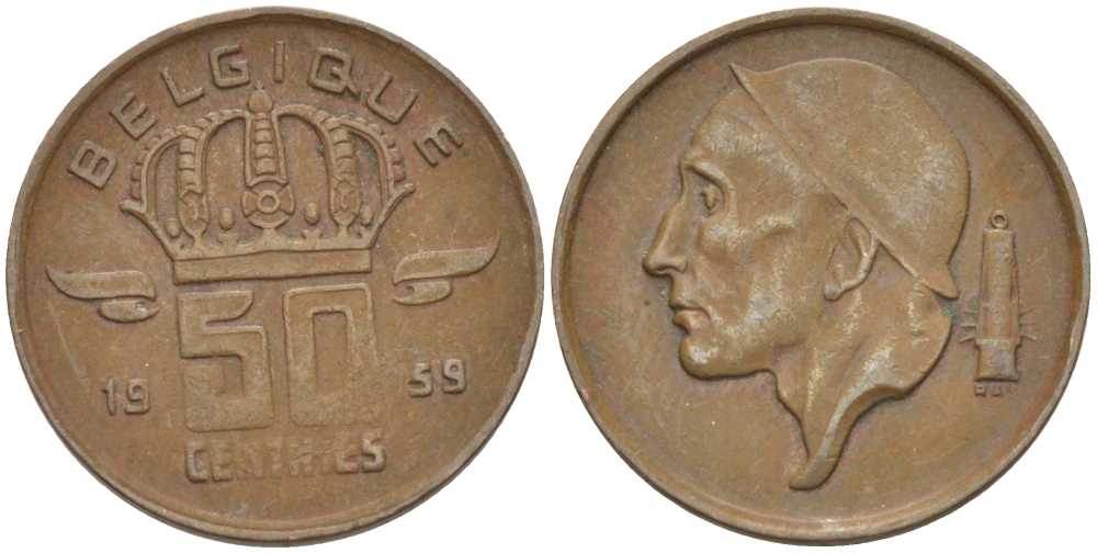 БЕЛЬГИЯ 50 САНТИМОВ 1959 BELGIQUE KM 148.1 бронза 96-455