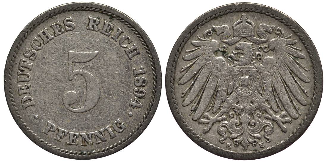 ГЕРМАНИЯ 5 ПФЕННИГОВ 1894 E KM 11, Jager 12, Weege 6 медно-никель 4547-342