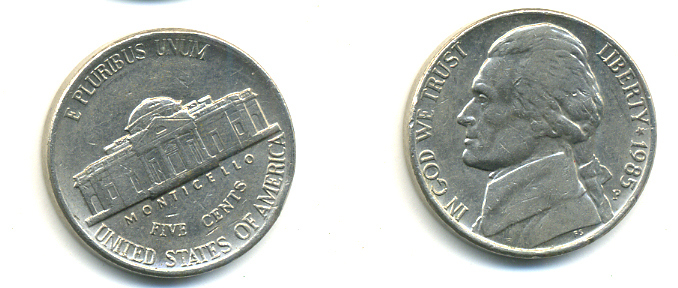 США 5 ЦЕНТОВ 1985 P, ДЖЕФФЕРСОН KM А192 медно-никель 179-736