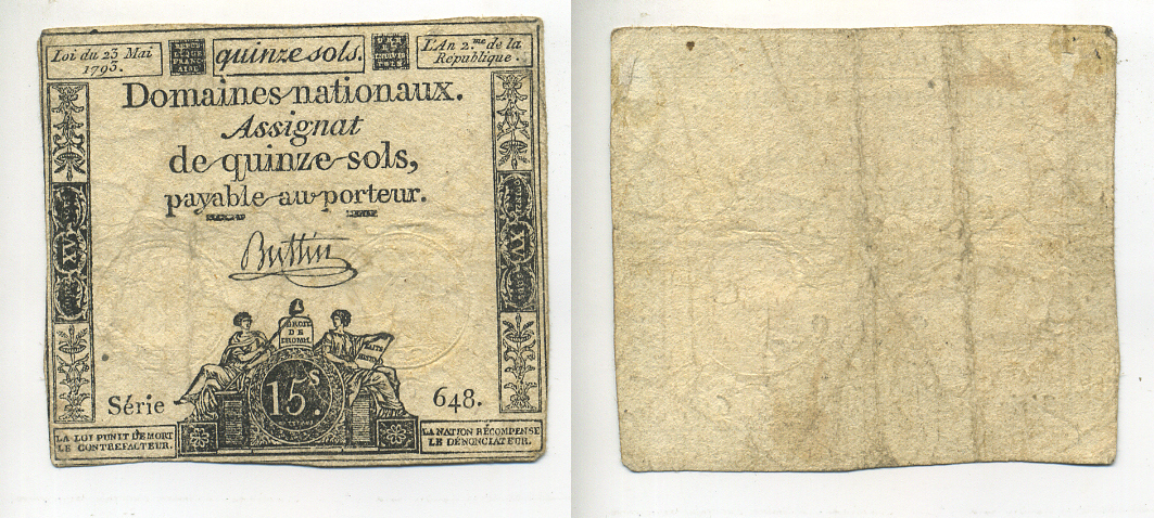 ФРАНЦИЯ 15 СОЛЕЙ 1793 23 МАЯ 1793, ВОДЯНОЙ ЗНАК RF/50s, СЕРИЯ 648 Pick А64b бумага 7552-25-3-1