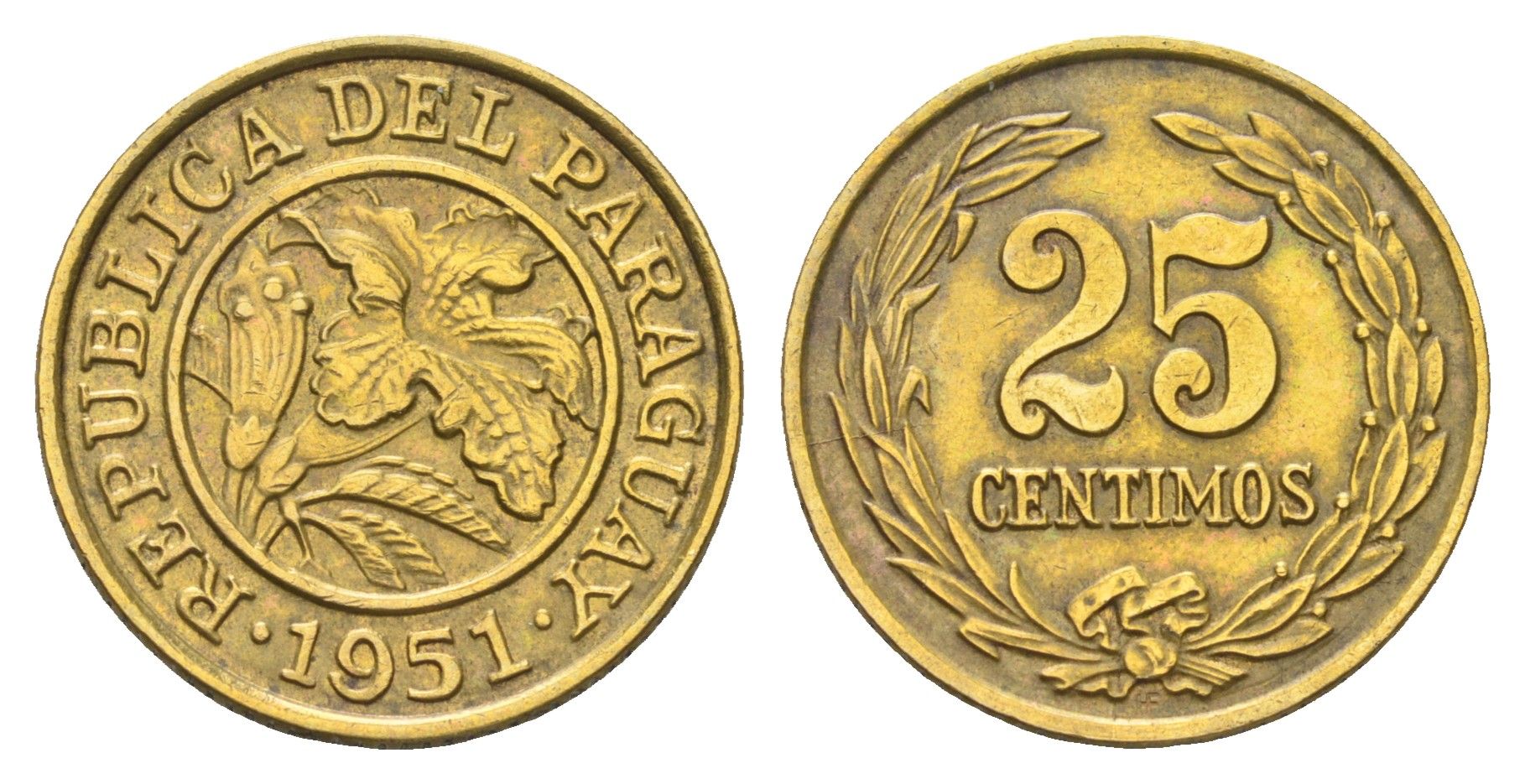Парагвай 25 сентимо 1951 KM 23 алюминиевая бронза 4127-1532