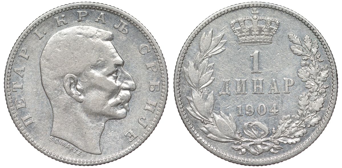 Сербия 1 динар 1904 Петр I Карагеоргиевич (1903-1918) KM 25.1 серебро 4364-1322
