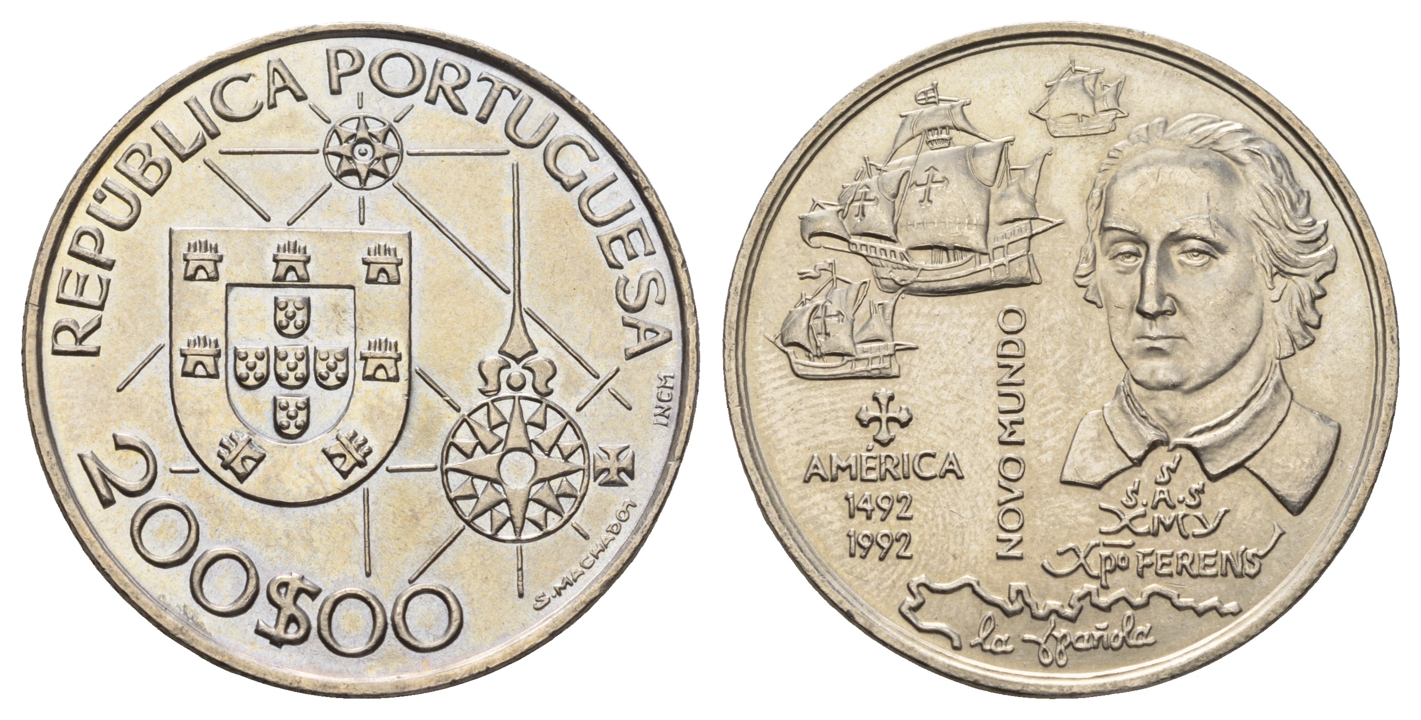 Португалия 200 эскудо 1992 Новый мир - Америка KM 660 медно-никель UNC 4386-132