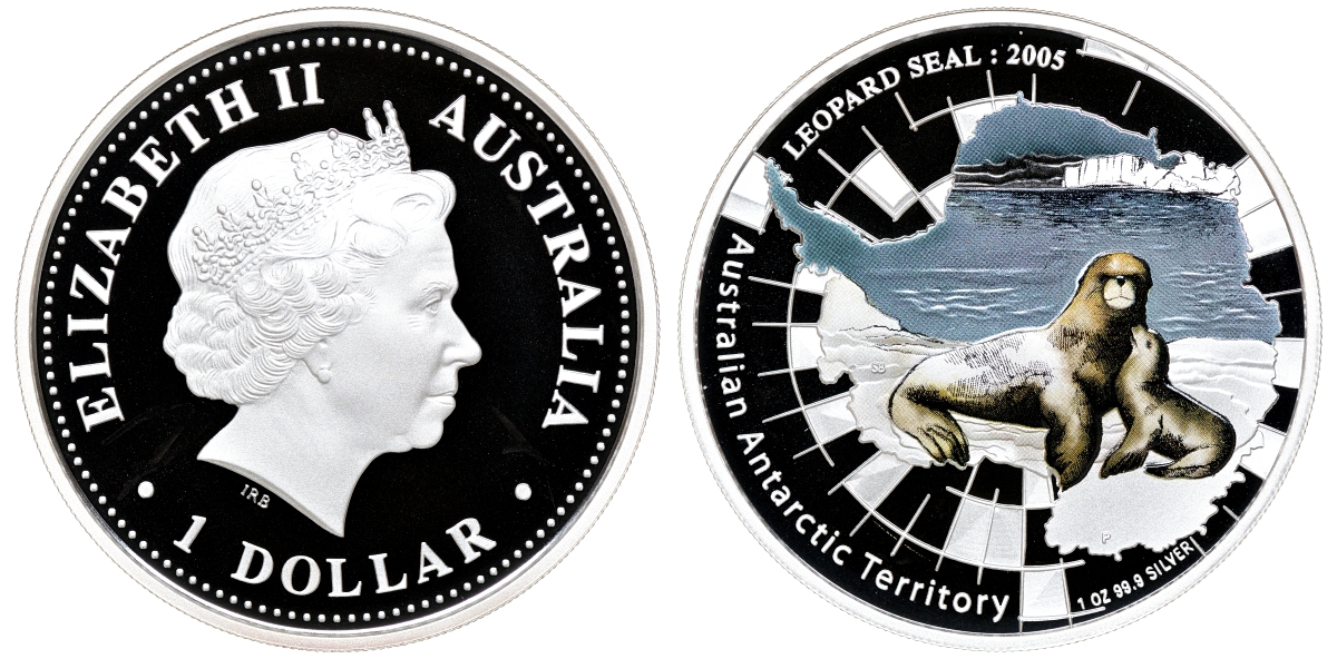 Австралия 1 доллар 2005 антарктические территории, морской леопард, эмаль, в оригинальной коробке, с сертификатом KM 1018 ​серебро PROOF 7-1-35