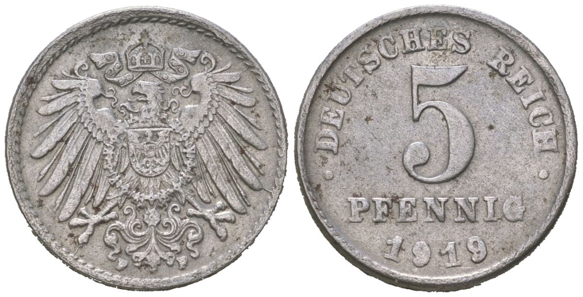 Германия 5 пфеннигов 1919 A, Вильгельм II (1888-1918) KM 19, J. 297 железо плакированная цинком 4615-739