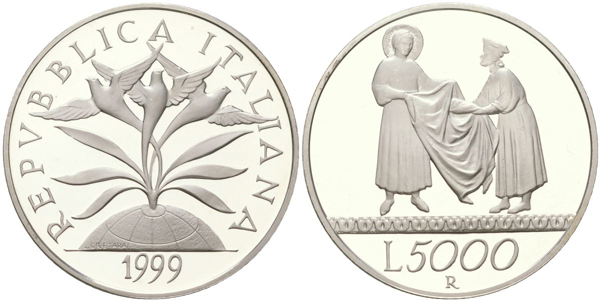 Италия 5000 лир 1999 R, Миллениум - Солидарность KM 197 серебро PROOF 1530-112