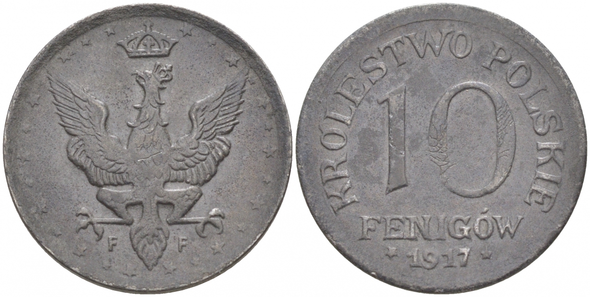 ПОЛЬША 10 ФЕНИГОВ 1917 FF, ПЕРВАЯ МИРОВАЯ ВОЙНА, НЕМЕЦКАЯ ОККУПАЦИЯ, ЛЕГЕНДА НЕ КАСАЕТСЯ КРАЯ KM 6 железо 68-253