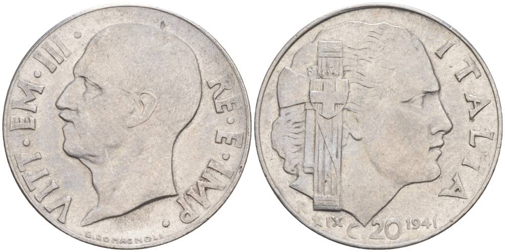 ИТАЛИЯ 20 ЧЕНТЕЗИМО 1941 R, ГОД XIX, ВИКТОР ЭММАНУИЛ III (1900-1946) KM 75b, VEM3. 1028 нержавеющая сталь 3853-846