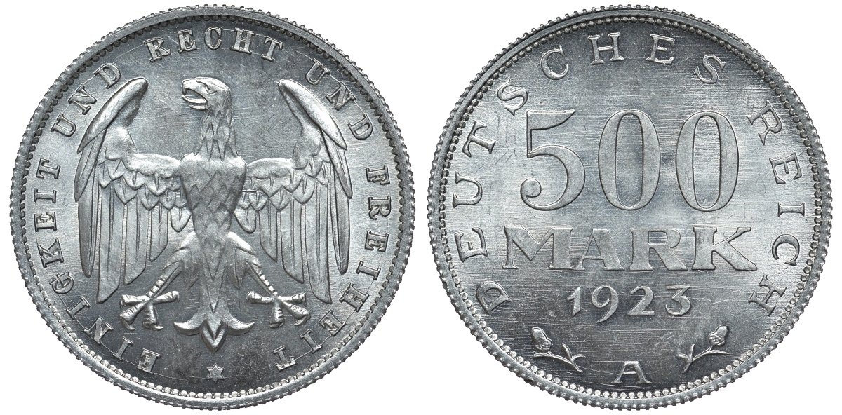 Германия 500 марок 1923 А KM 36, J.305 алюминий UNC 4587-526