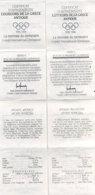 Австралия, Греция, Австрия, Франция, Канада набор из 10 монет 1996 100 лет Олимпийскому комитету (1896-1996), в оригинальной коробке с сертификатами KM 218, 219, 3026, 3027, 215, 216, 1047, 1048, 165, 166 серебро PROOF 14-01-03-26