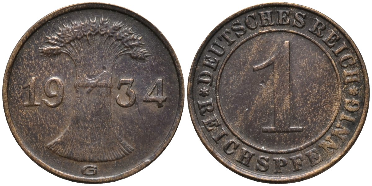 Германия 1 рейхспфенниг 1934 G KM 37 бронза 44-1254