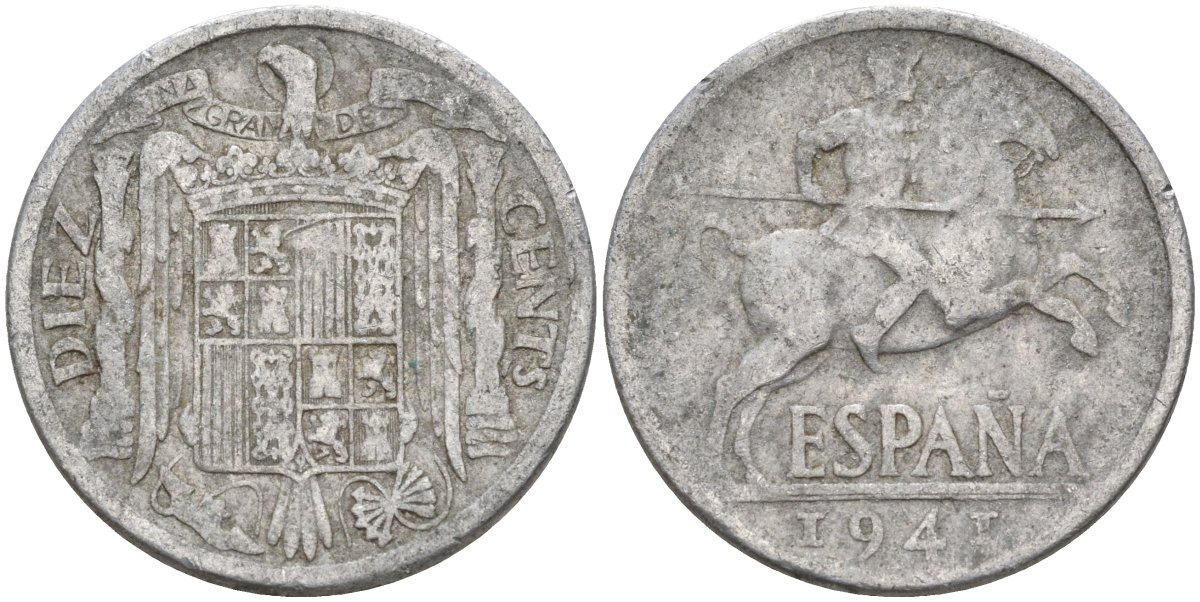 Испания 10 сентимо 1941 Франсиско Франко (1939 - 1975) KM 766 алюминий 4155-214