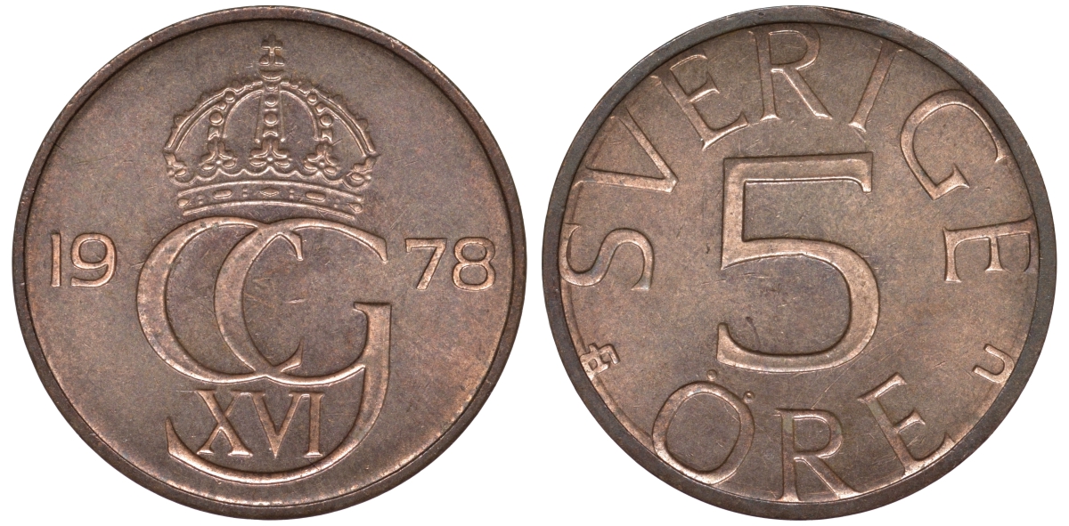 Швеция 5 эре 1978 Карл XVI Густав (1973- ) KM 849 медь олово цинк 4596-356