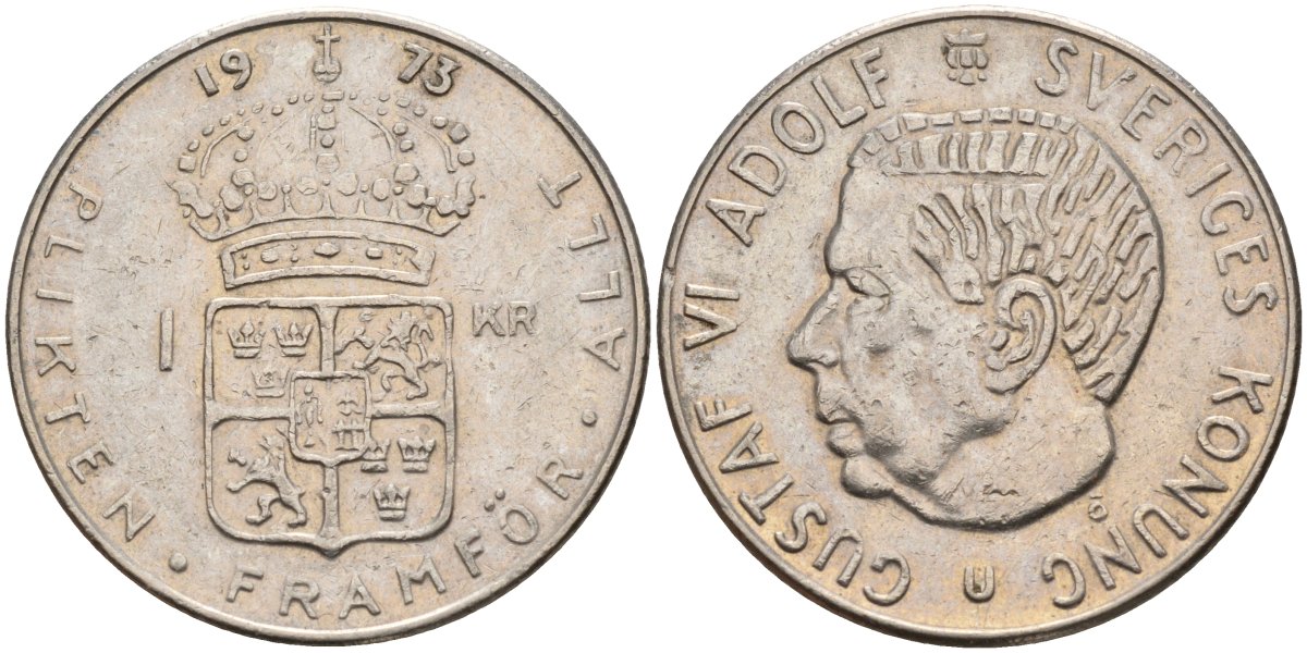 Швеция 1 крона 1973 U, Густав VI Адольф (1950-1973) KM 826a медь плакированный медно-никелем 4150-351