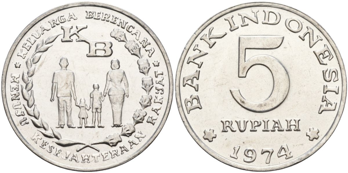 Индонезия 5 рупий 1974 FAO, программа планирования семьи KM 37 алюминий UNC 4149-626