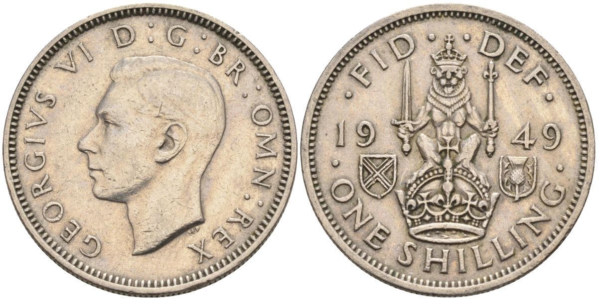 Великобритания 1 шиллинг 1949 Георг VI (1936-1952), Шотландский герб KM 877, Spink 4109 медно-никель 4126-357